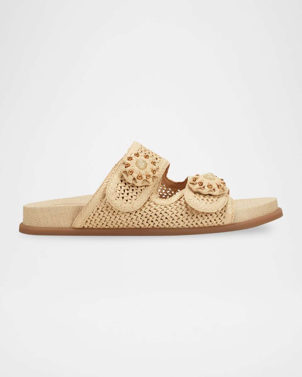 Beaded Woven Dual-Strap Slide Sandals